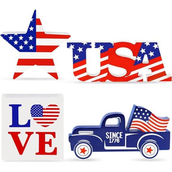 4-Piece Wooden Patriotic Decor Set – USA, LOVE, Star & Car Signs - Picture 1 of 7